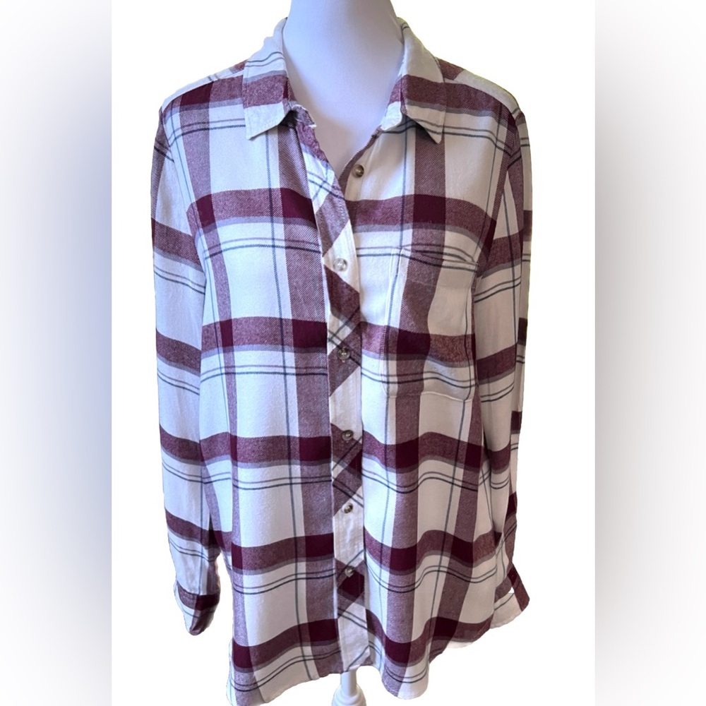 MELLODAY Burgundy & White Plaid Flannel Soft Long Sleeve Fall Button Up Shirt M